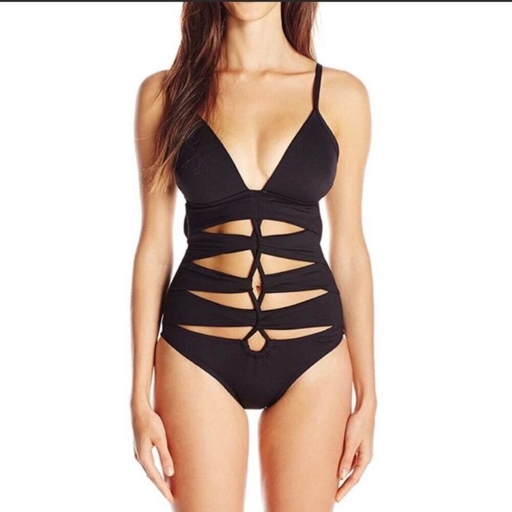 Kenneth Cole Black One Piece Strappy Caged Cut Out Plunge Swimsuit Size Medium